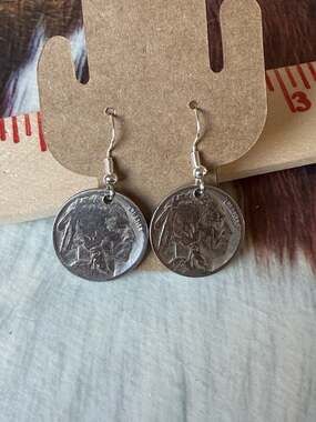 Buffalo Nickel Indian Head Coin Dangle Hook Earrings Western Vintage Antique